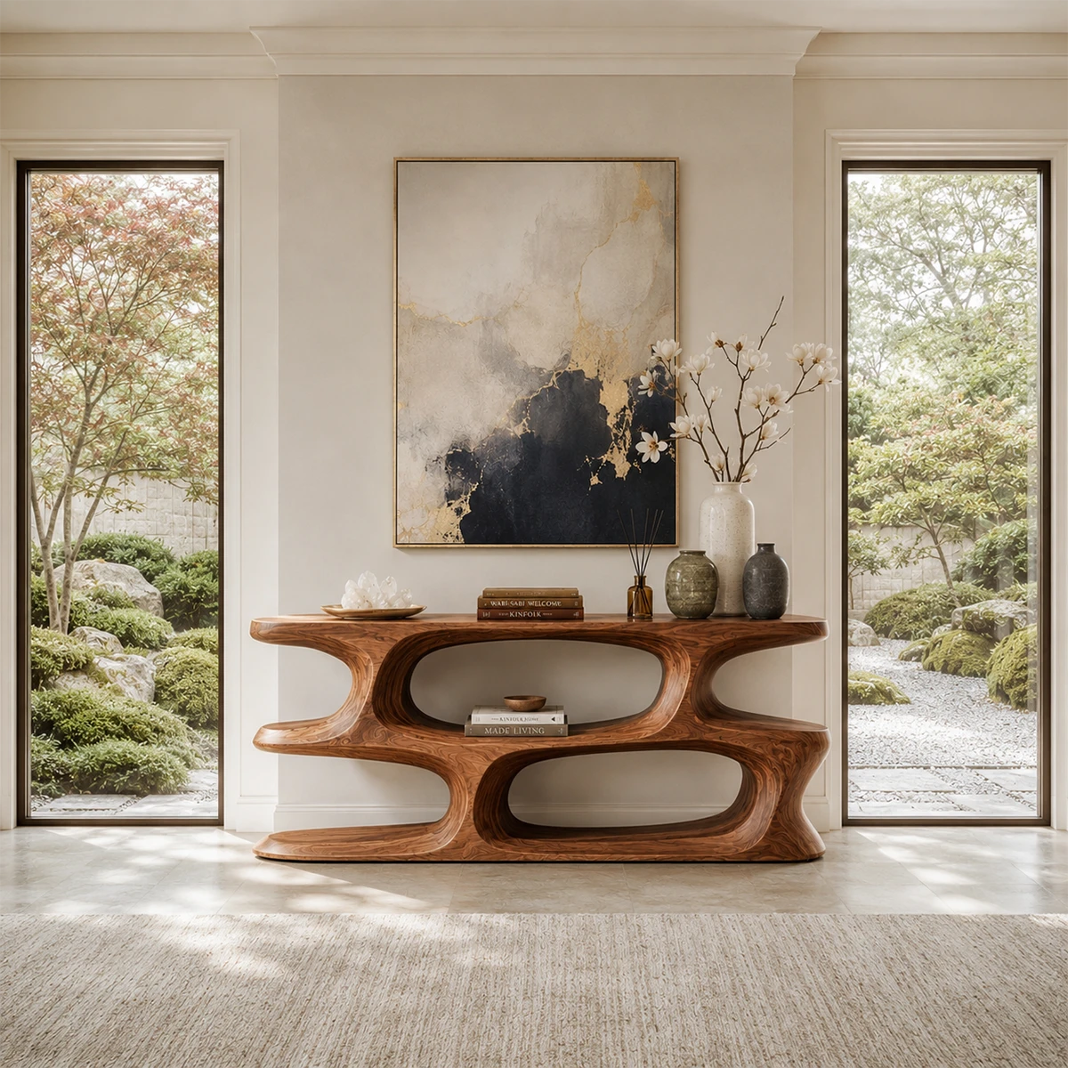 Organic modern console table featuring flowing storage niches and warm wood tone