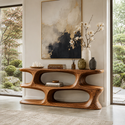 Entryway console table with rounded cutout shelves and a bold sculptural profile