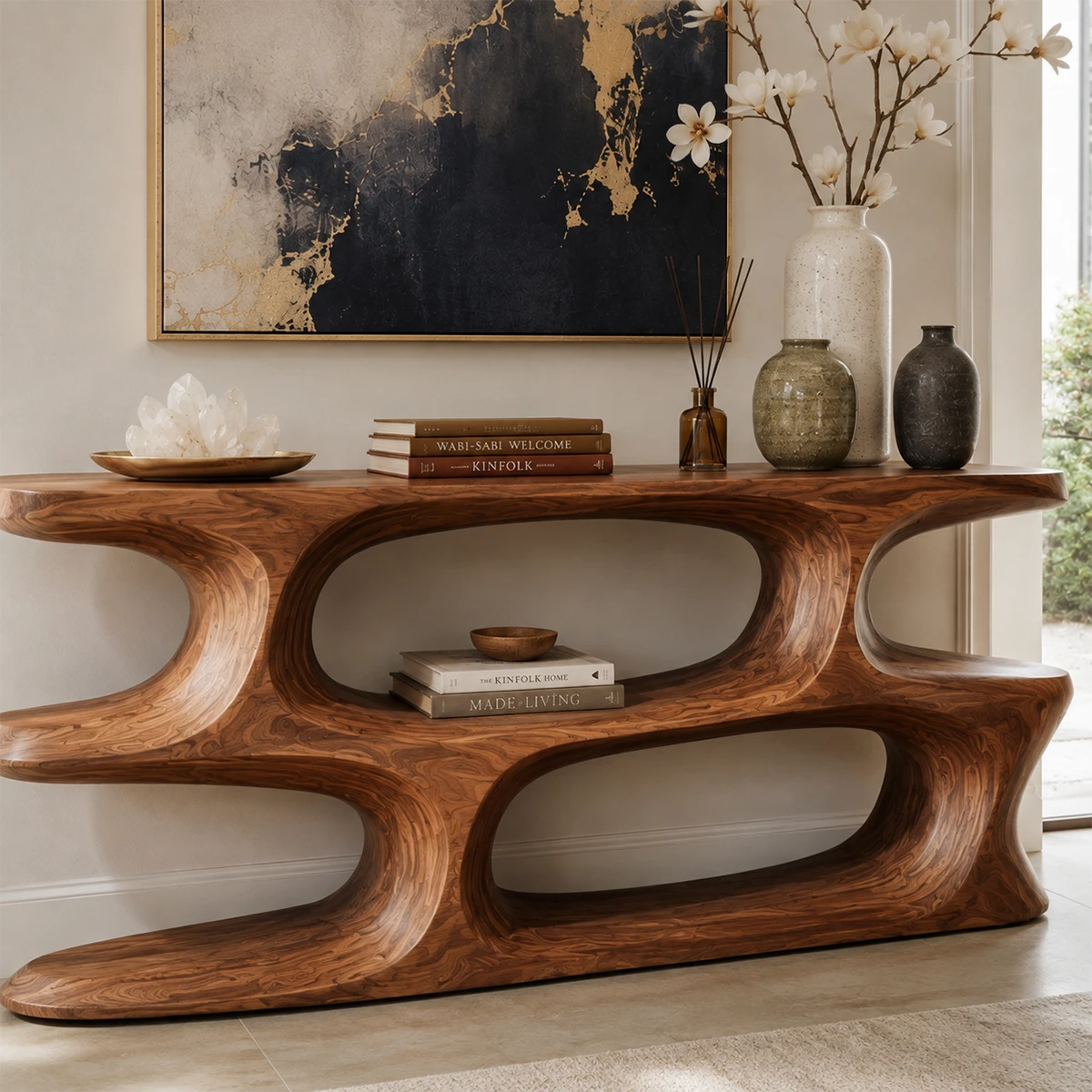 Designer hallway table showcases organic curves and spacious open display storage