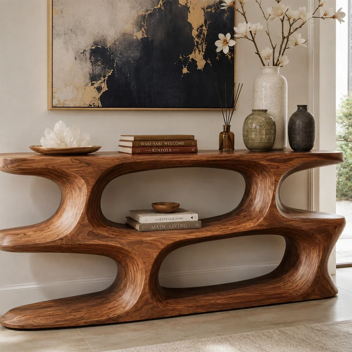 Designer hallway table showcases organic curves and spacious open display storage