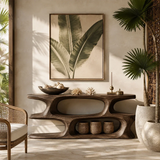 Artistic sofa table with flowing silhouette and open compartments in calm interiors