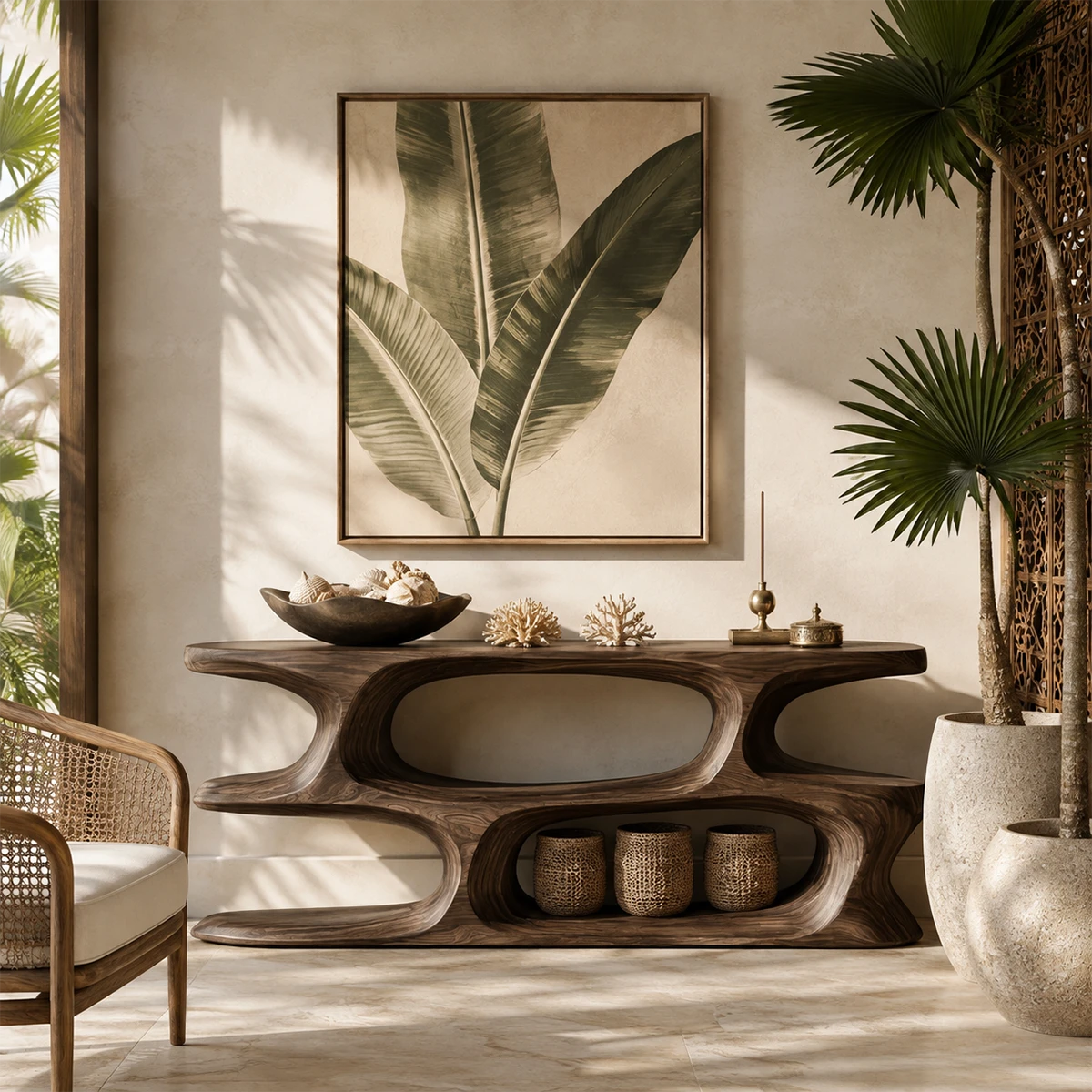 Artistic sofa table with flowing silhouette and open compartments in calm interiors