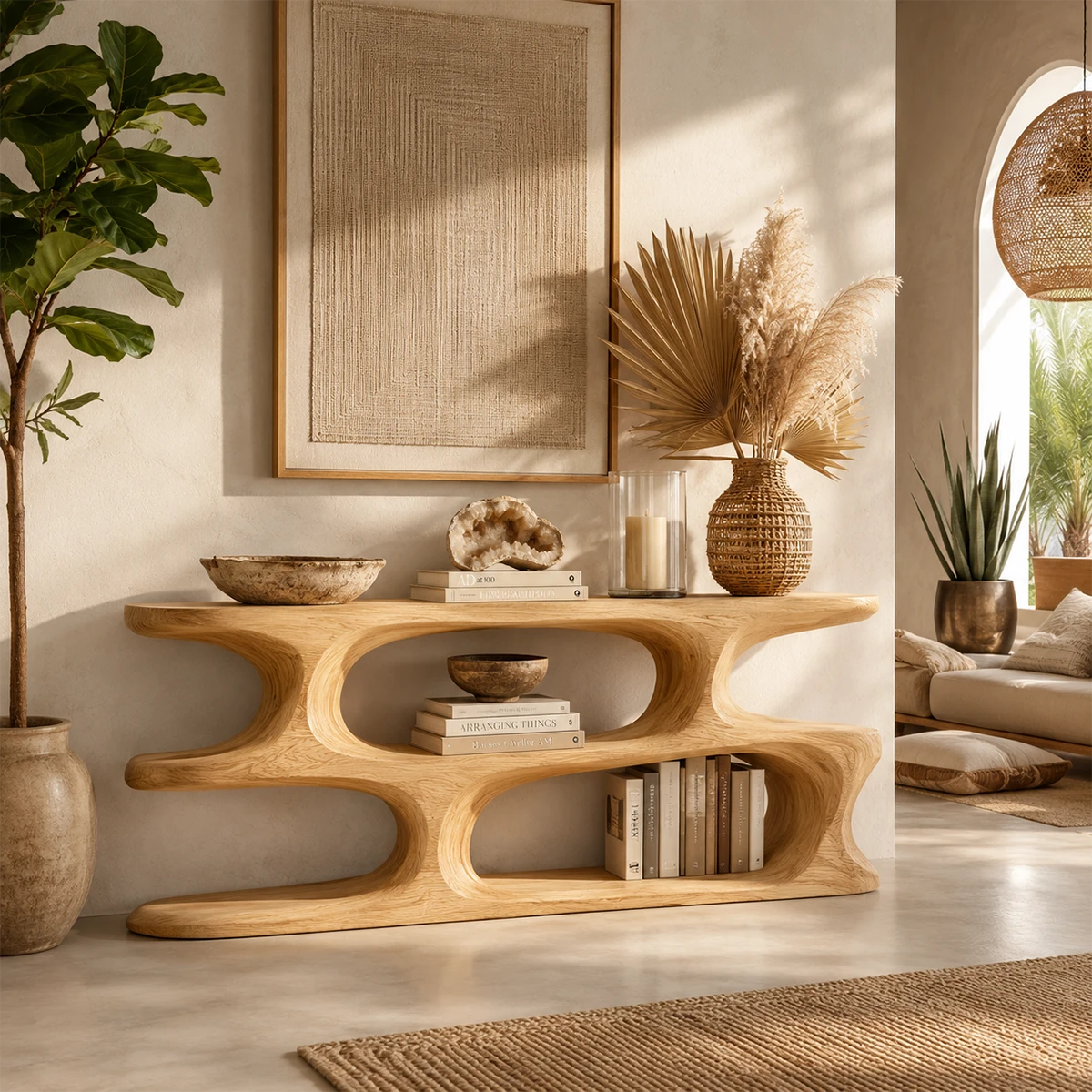 Modern accent console with curved architecture and display shelves for home styling