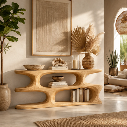 Modern accent console with curved architecture and display shelves for home styling