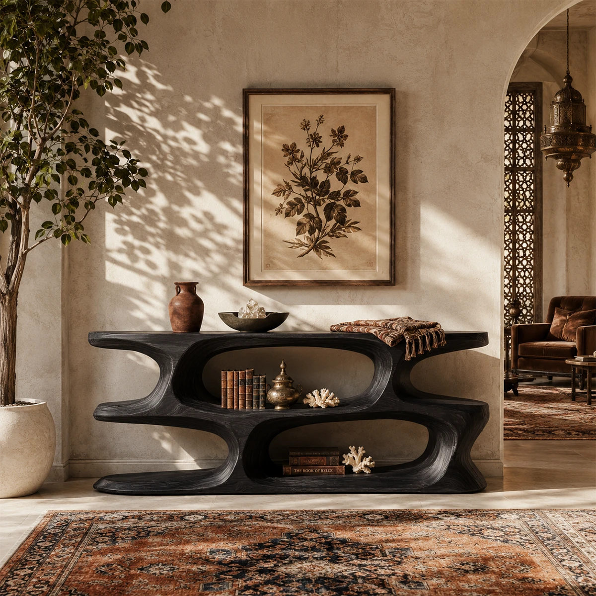 Curved console table styled with decor in a bright room overlooking garden views