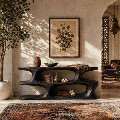 Curved console table styled with decor in a bright room overlooking garden views