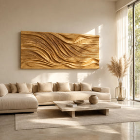 Horizontal wall art with layered carved waves adds depth above a modern living room sofa