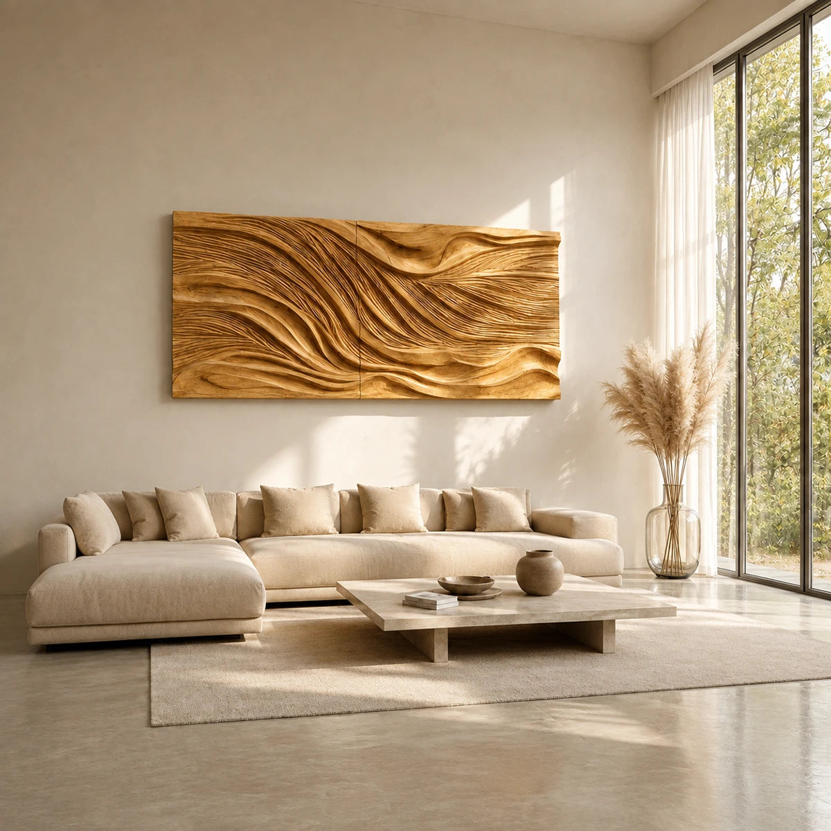 Flowing relief patterns shape this large wall panel into a calm contemporary centerpiece