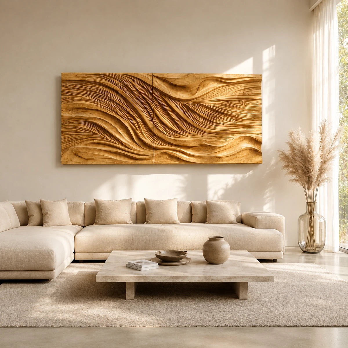 A sculptural wall panel with sweeping grooves adds movement to a bright interior setting