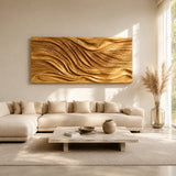 A sculptural wall panel with sweeping grooves adds movement to a bright interior setting