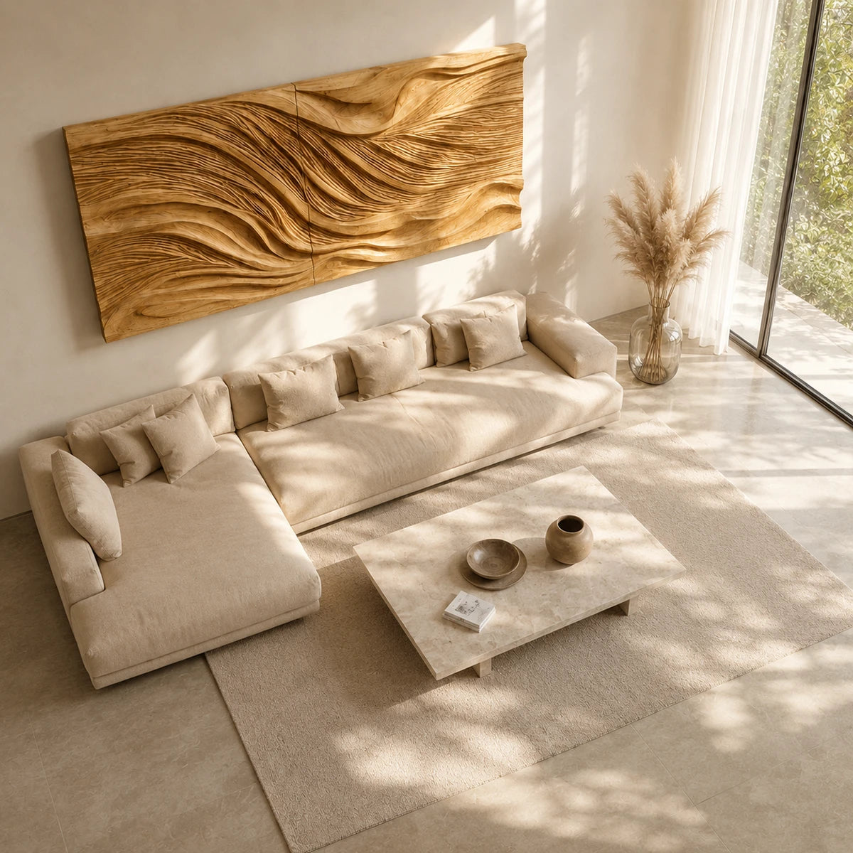 Broad carved lines give the wall sculpture a refined presence in a minimalist lounge
