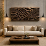 Suspended above seating, this textured wall decor adds dimension to a serene living room
