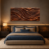 Large abstract wall art with flowing relief creates a bold architectural focal point