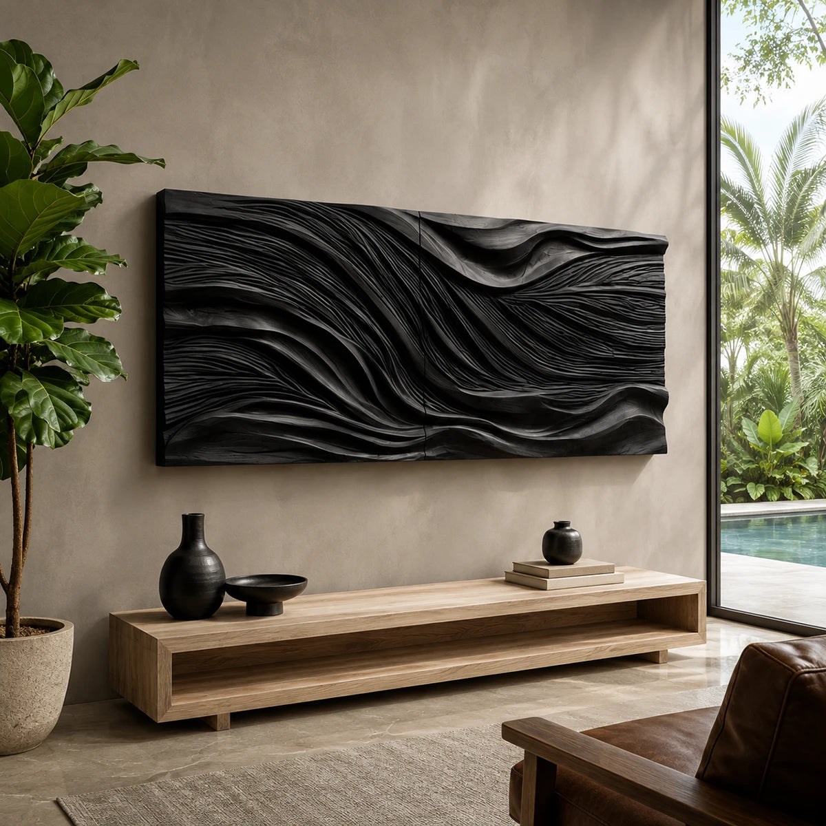 Curved surface carving turns this decorative wall panel into a statement for modern homes
