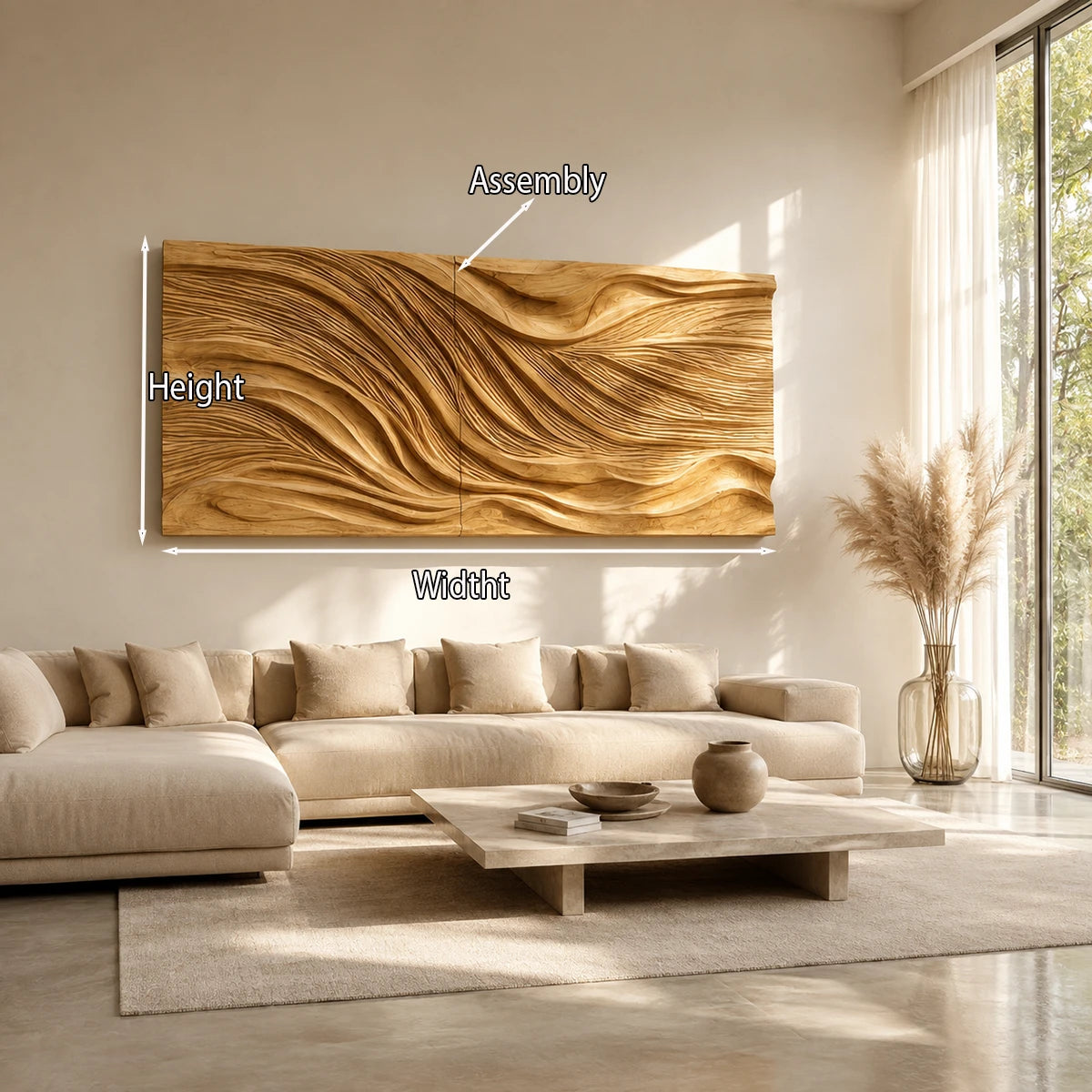 Artistic wall sculpture with layered wave forms enhances a spacious contemporary interior
