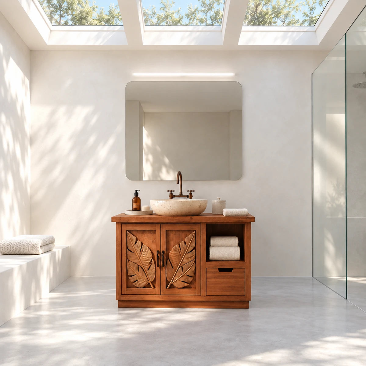 Statement vanity unit in natural solid wood with carved doors and single drawer storage
