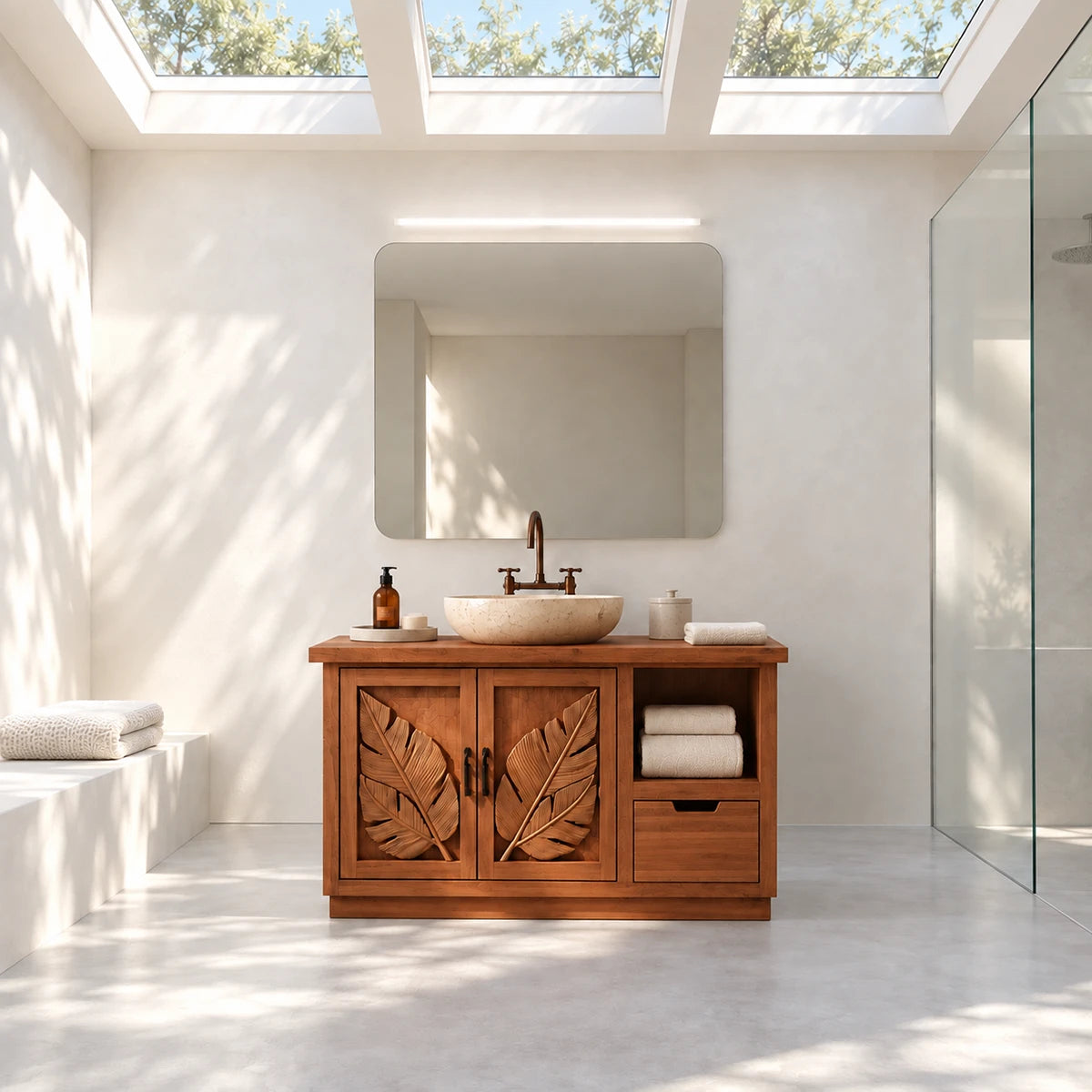 Classic sink vanity in natural solid wood with two leaf doors and open towel cubby