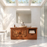 1. Natural solid wood bathroom vanity with botanical doors and practical side storage