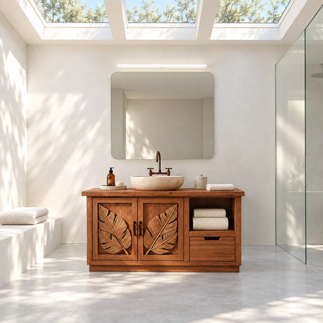 Leaf carved bathroom vanity in natural solid wood with two doors and side storage