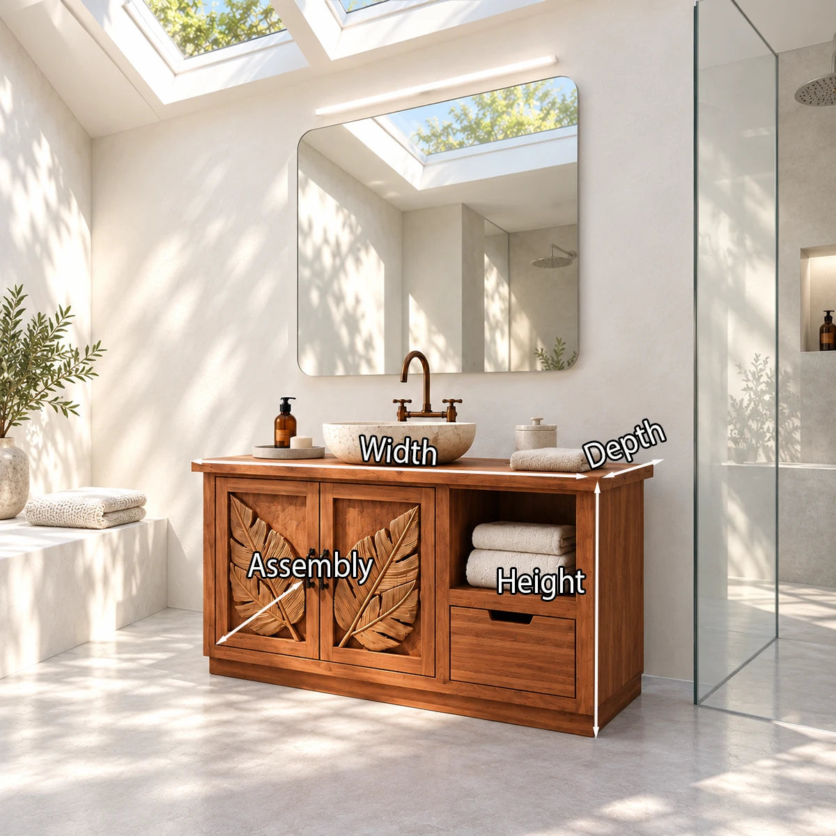 Decorative bathroom vanity in natural solid wood with vessel sink and open side shelf
