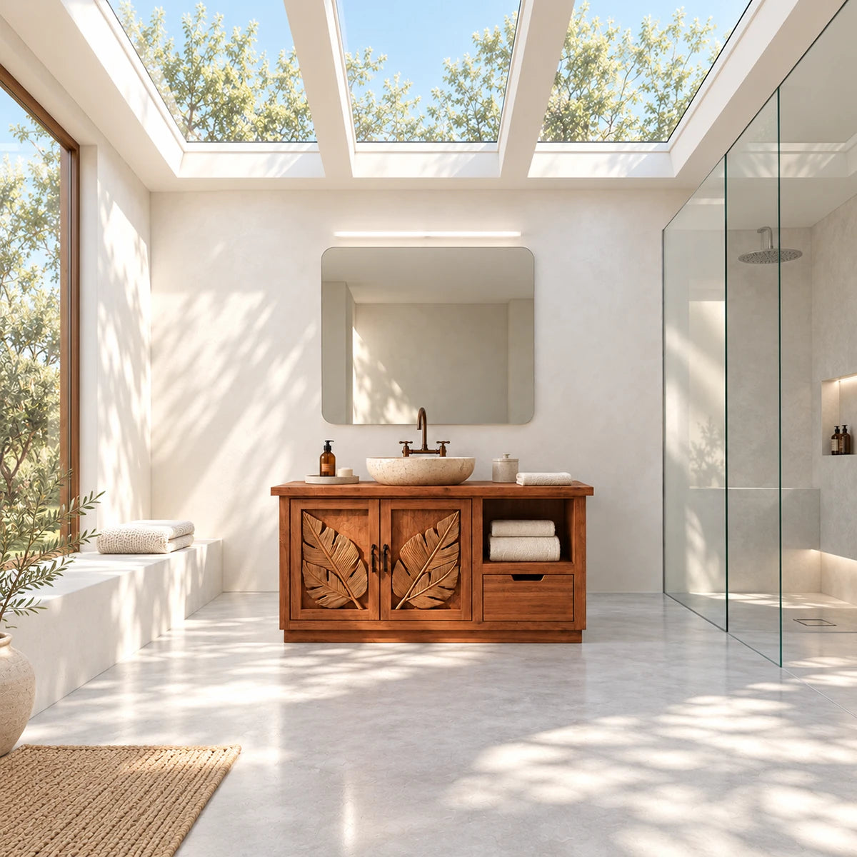 Freestanding bath vanity in natural solid wood with vessel sink and open shelf storage