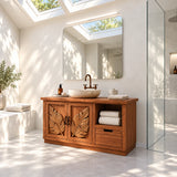 Single sink bathroom vanity in natural solid wood with carved leaf doors and drawer