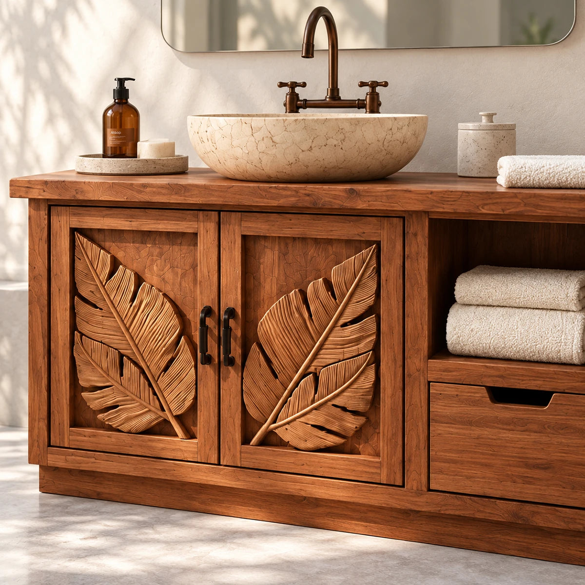 Botanical vanity cabinet in natural solid wood with two doors and side shelf storage