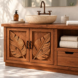 Botanical vanity cabinet in natural solid wood with two doors and side shelf storage