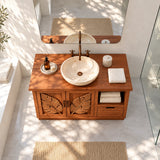 Nature inspired bath vanity in natural solid wood with vessel basin and leaf panels