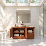 Storage bathroom vanity in natural solid wood with open cubby and lower drawer space