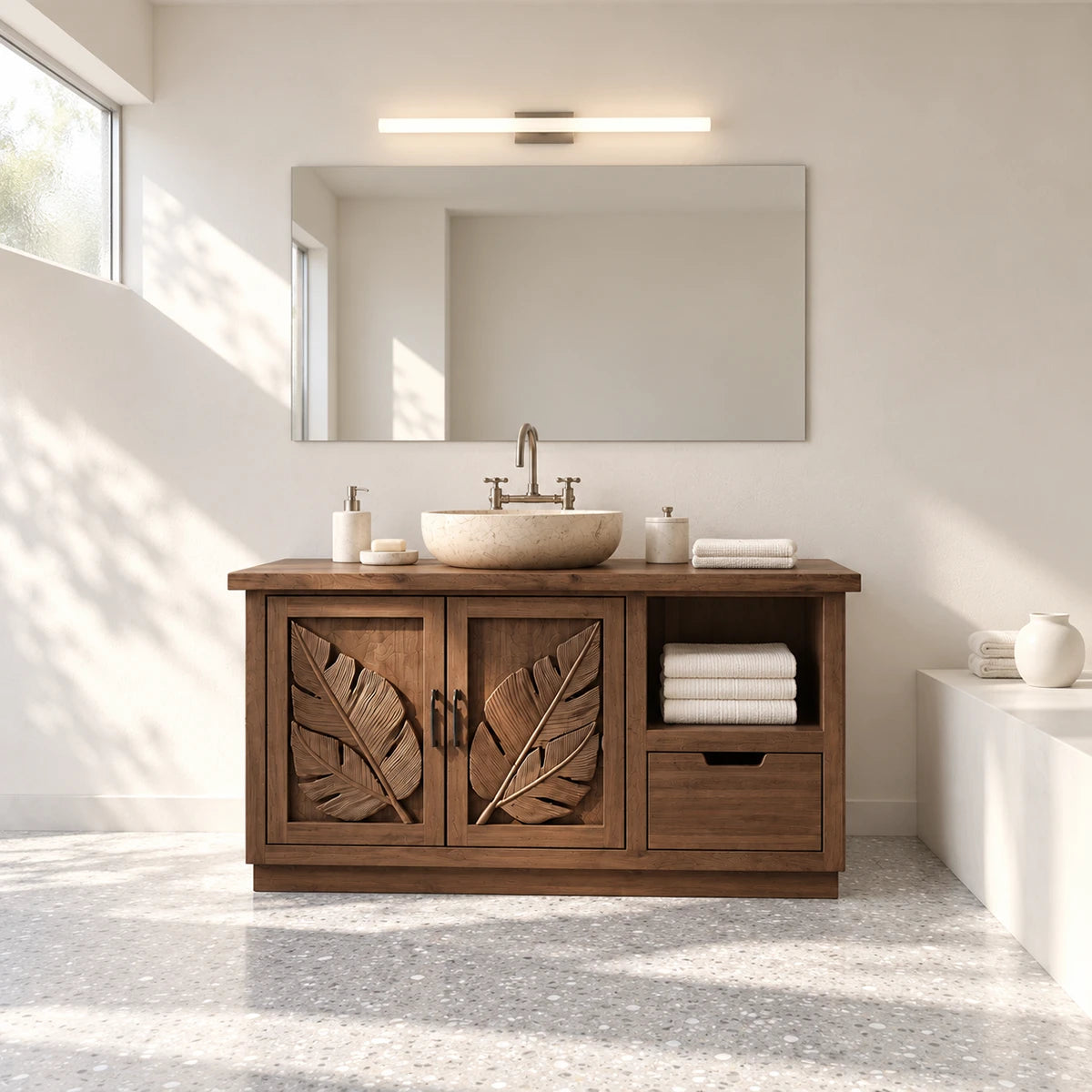 Carved leaf sink vanity in natural solid wood with two doors and vessel basin above