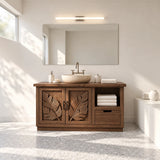 Carved leaf sink vanity in natural solid wood with two doors and vessel basin above