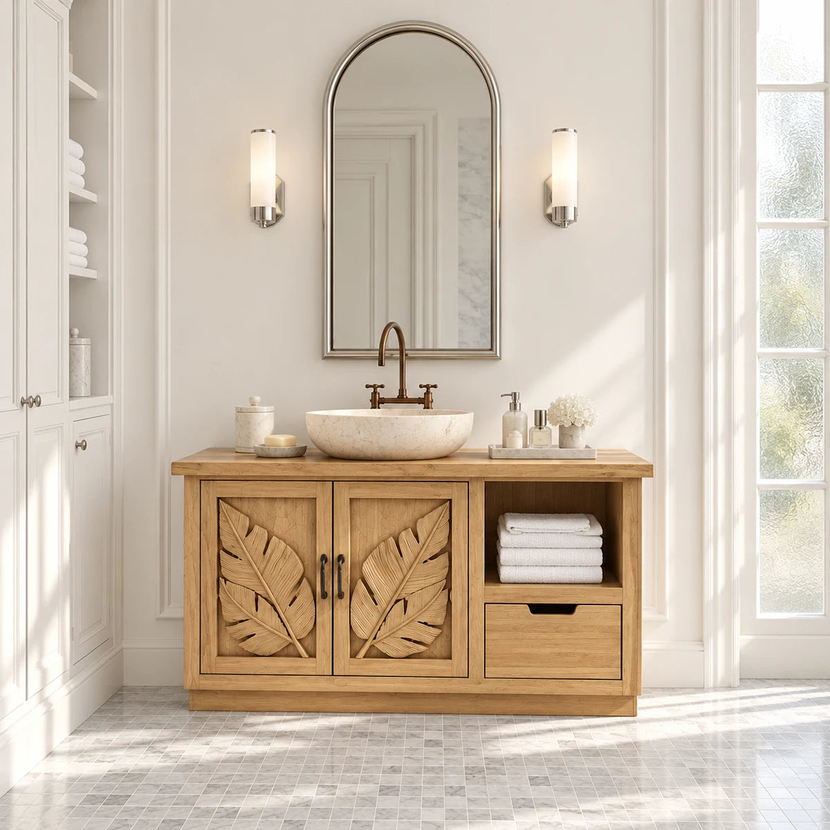 Traditional bathroom vanity in natural solid wood with botanical doors and side cubby