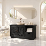 Designer bath vanity in natural solid wood with leaf motif doors and drawer storage