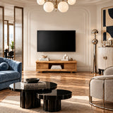 For modern homes, this media unit in natural solid wood adds sleek storage appeal