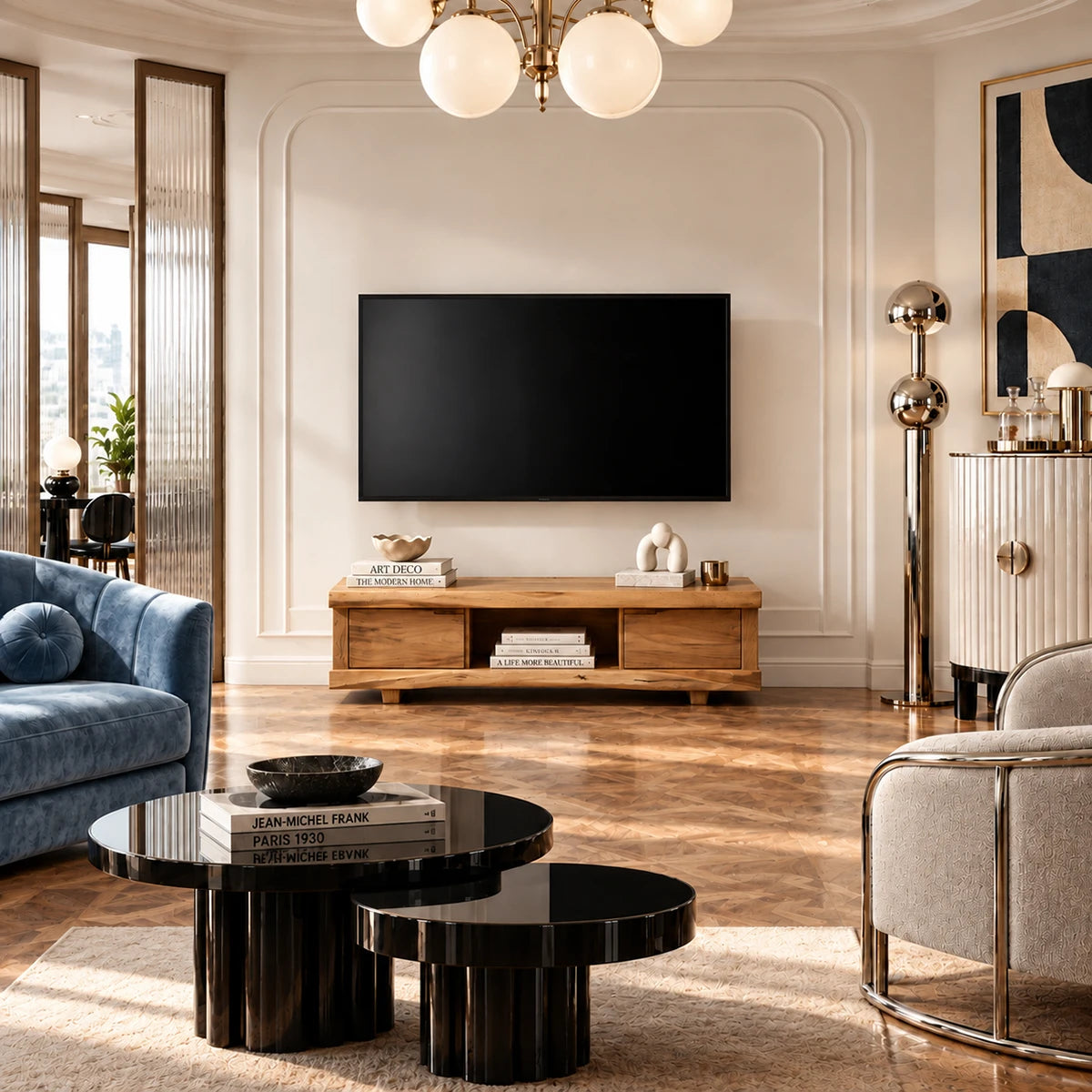 A TV cabinet in natural solid wood with balanced storage and a light tone finish