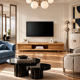 A modern TV stand in natural solid wood with a slim profile and open storage space