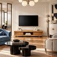 Modern media console in natural solid wood with light tone finish and shelf storage