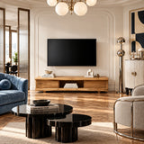 Modern media console in natural solid wood with light tone finish and shelf storage