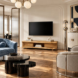 Elegant entertainment center in natural solid wood with low profile storage design