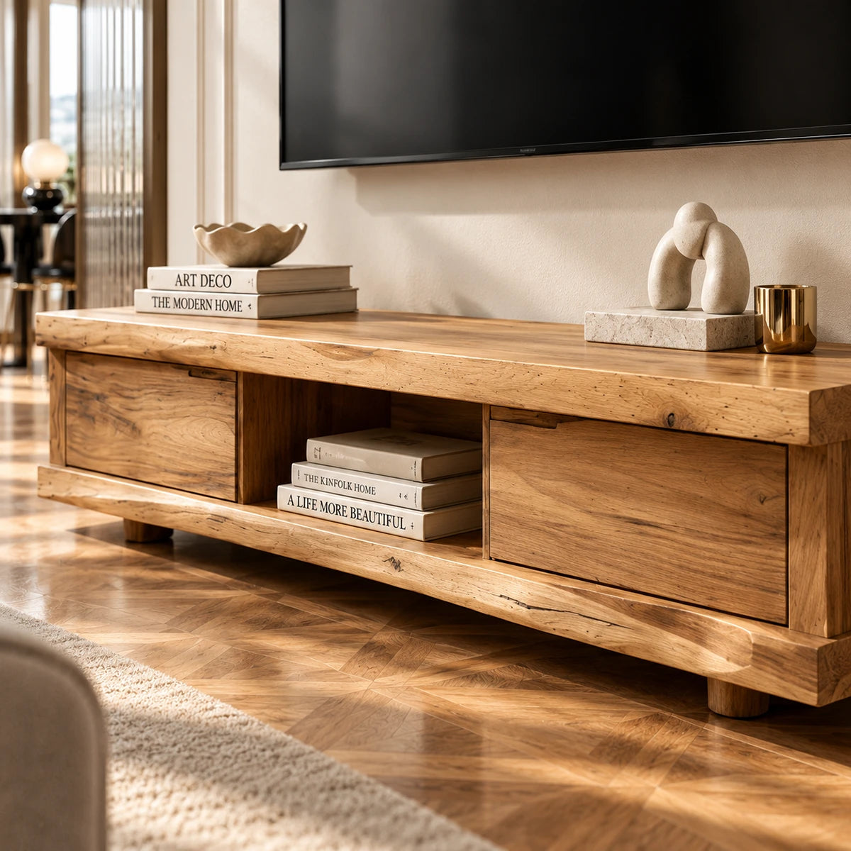 Refined TV console in natural solid wood with light finish and open shelf space below