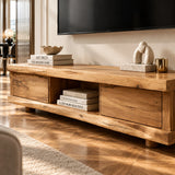 Refined TV console in natural solid wood with light finish and open shelf space below