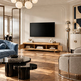 This media cabinet in natural solid wood offers drawers and center display shelf