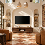 Bring home a living room TV stand in natural solid wood with a light tone look today