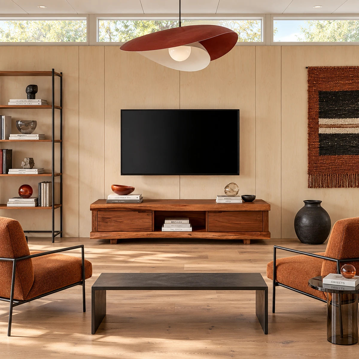 Designed as a TV stand with storage, this natural solid wood piece feels warm indoors