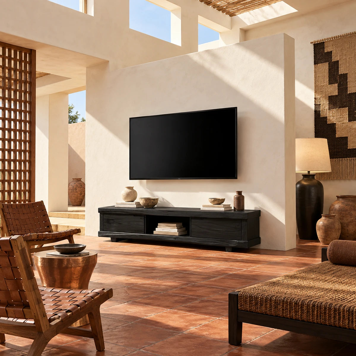 A low TV stand in natural solid wood with clean lines, drawers, and open space below
