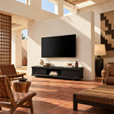 A low TV stand in natural solid wood with clean lines, drawers, and open space below