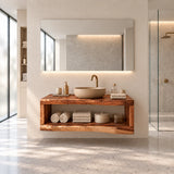 Linear vanity unit in natural solid wood with open shelving and an uncluttered profile