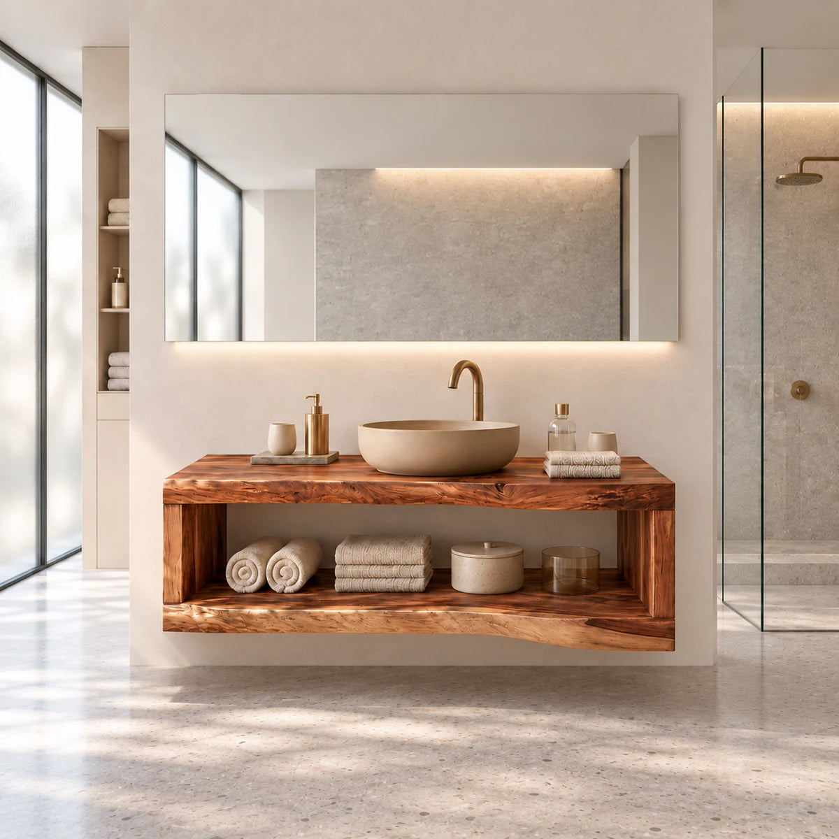 Wide bathroom storage vanity in natural solid wood with a continuous lower display shelf
