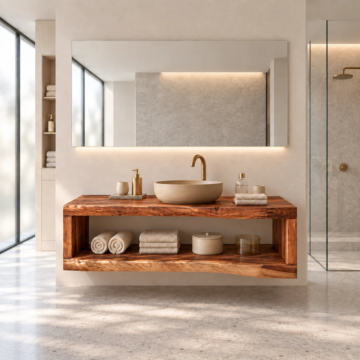 Natural solid wood bath furniture with open-span storage for folded towels and essentials